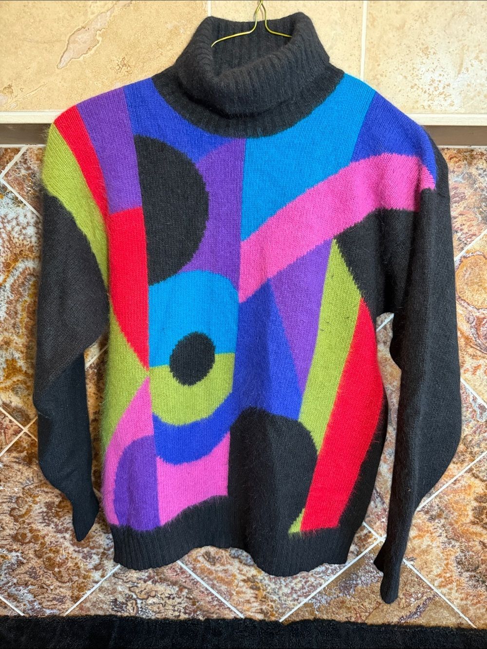 Vintage 80s Rafaella Angora Turtleneck Sweater Black Multicolor Abstract M